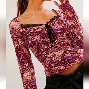 Free People Later It On Me Ruched Black Lace Detail Long Sleeve Top Size Medium